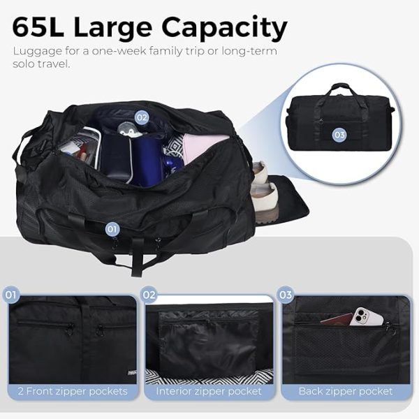 Fmeida 65L Duffle Bag with Shoes Compartment, Foldable Travel Duffel Bags for Men Women, Large Packable Travel Bag Water Repellent & Tear Resistant (Black) - Image 3