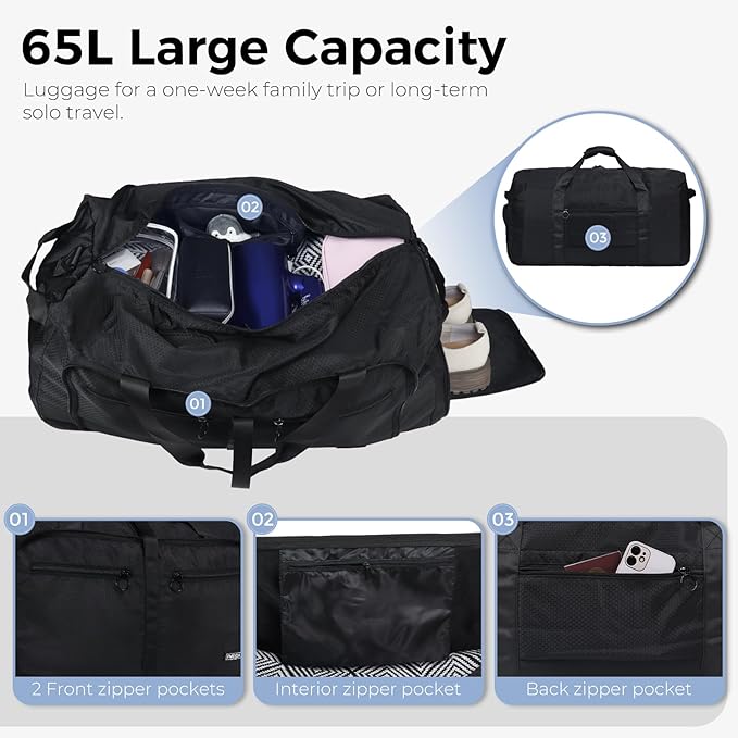 Fmeida 65L Duffle Bag with Shoes Compartment, Foldable Travel Duffel Bags for Men Women, Large Packable Travel Bag Water Repellent & Tear Resistant (Black) - Image 3