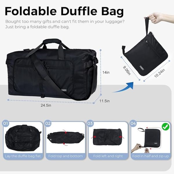 Fmeida 65L Duffle Bag with Shoes Compartment, Foldable Travel Duffel Bags for Men Women, Large Packable Travel Bag Water Repellent & Tear Resistant (Black) - Image 4