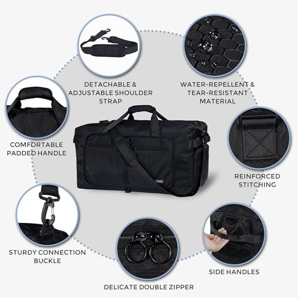 Fmeida 65L Duffle Bag with Shoes Compartment, Foldable Travel Duffel Bags for Men Women, Large Packable Travel Bag Water Repellent & Tear Resistant (Black) - Image 7