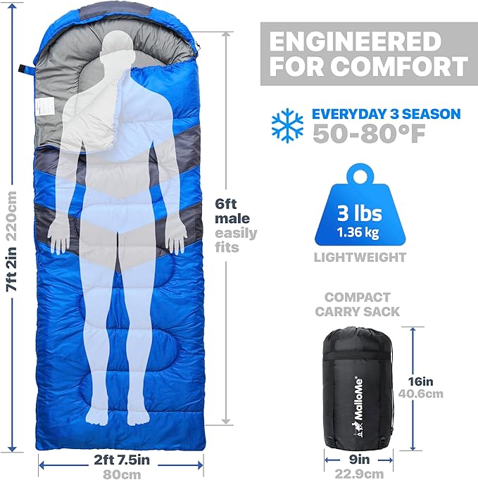 MalloMe Sleeping Bags for Adults Cold Weather & Warm - Backpacking Camping Sleeping Bag for Kids 10-12, Girls, Boys - Lightweight Compact Camping Essentials Gear Accessories Hiking Sleep Must Haves - Image 6